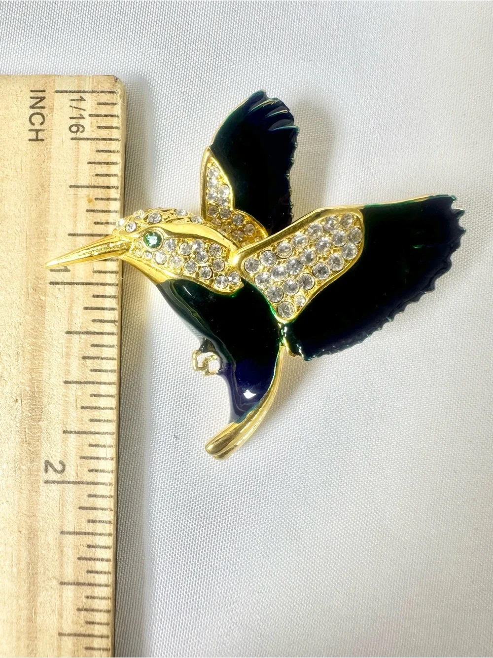 Gold-tone Hummingbird Brooch Pin with Blue & Green Enamel and Rhinestones